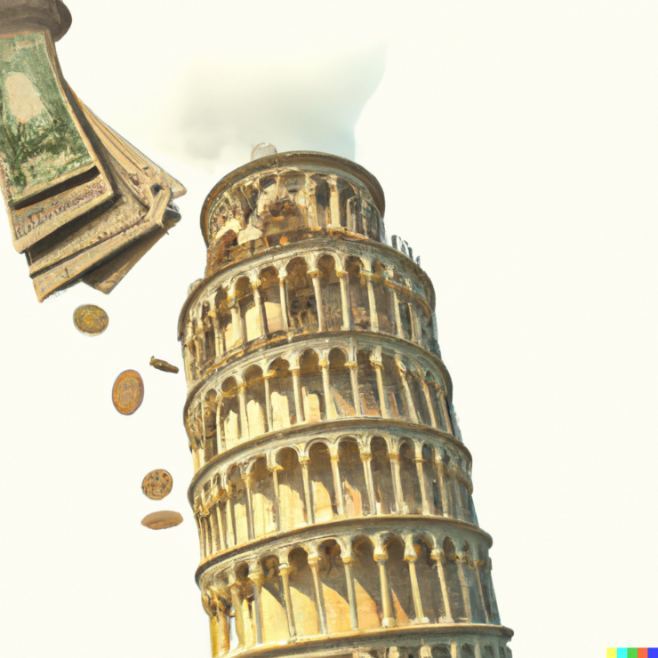 Cash flying out of the Tower of Pisa in the style of Renaissance painting