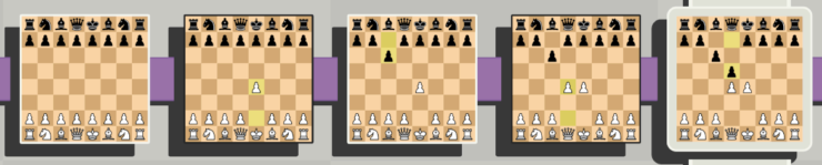 The first four moves of Deep Blue versus Kasparov, 1997, Game 6 displayed as 5 separate boards.