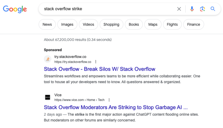 Vice article as the top result for "stack overflow
strike"