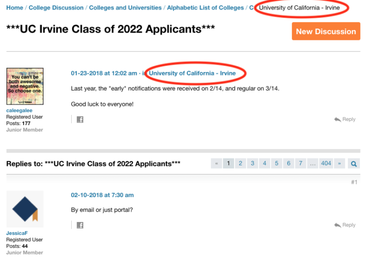 UC Irvine thread showing navigation points to the topic