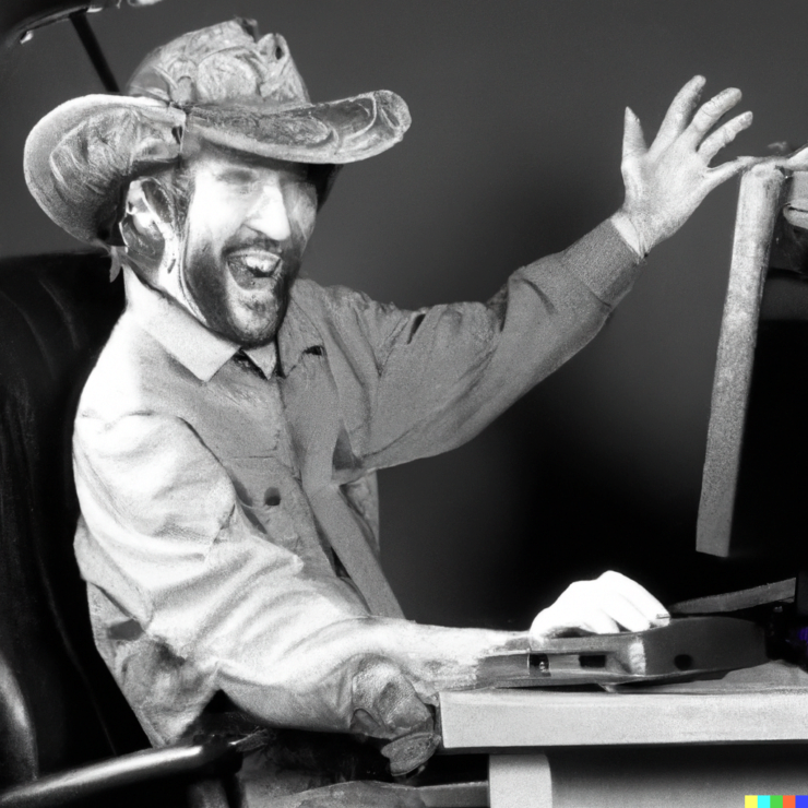 Joyous Slim Pickens waving his hat and riding a computer, black and
white