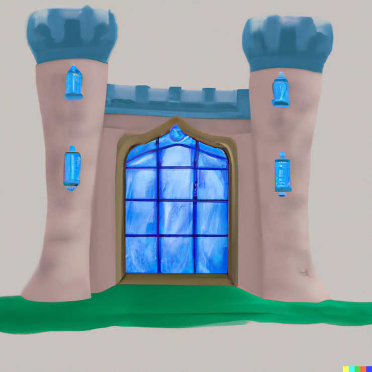 Cartoon castle with glass doors, digital art.