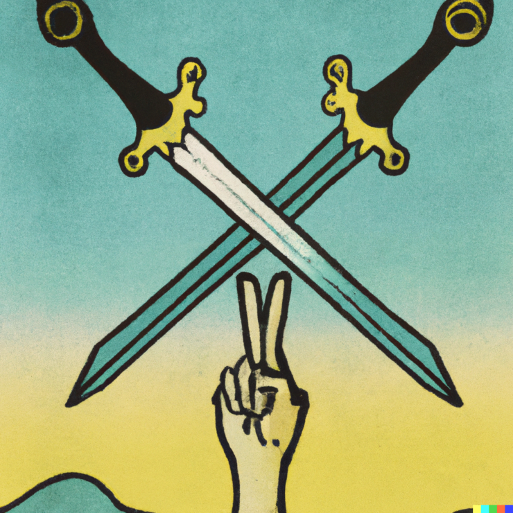Surrealist sword battle between peace signs